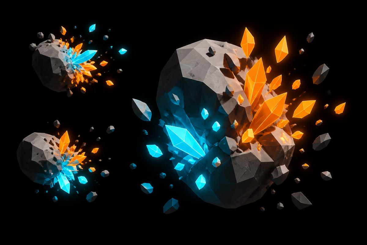 Low-poly asteroids shattering into glowing blue and orange crystals